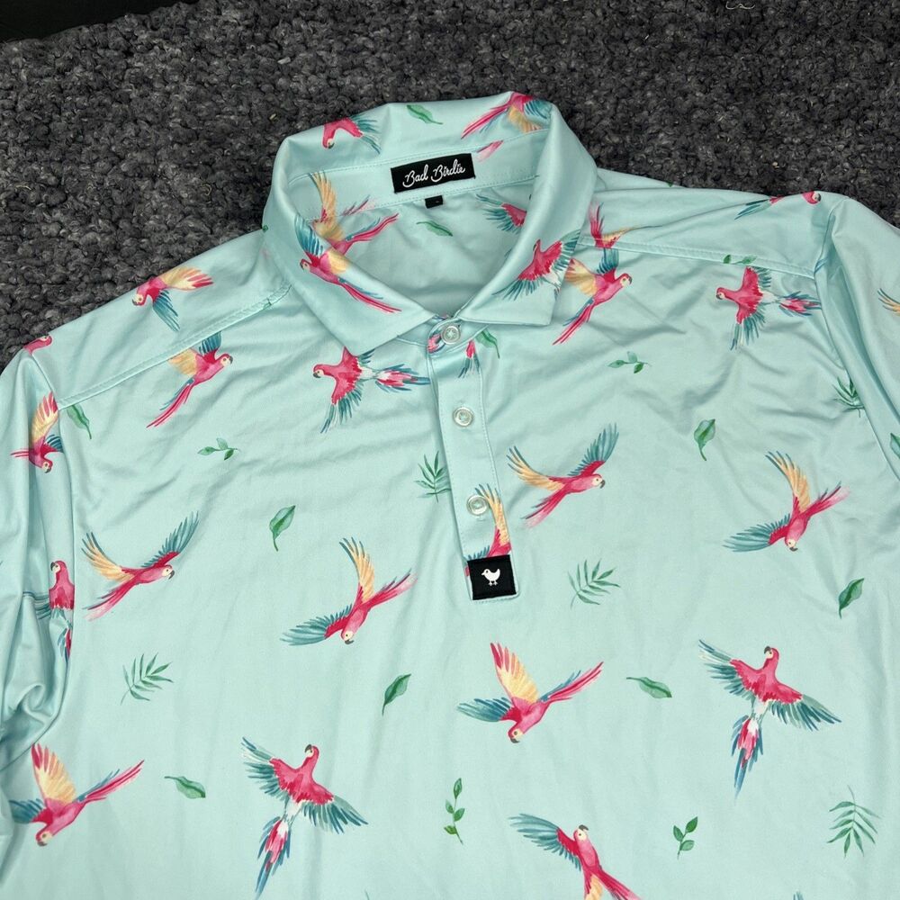 Bad Birdie Golf Macaw Island Tropical Parrot Performance Polo Shirt Mens 2XL EUC